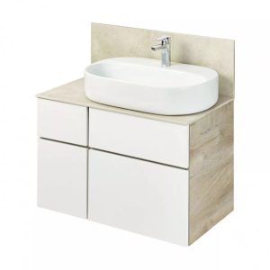 Тумба подвесная Aquaton Мишель 80 со столешницей и панелью из керамогранита с раковиной Одри Round Дуб Эндгрейн / Белый 1A2772K3MIX40